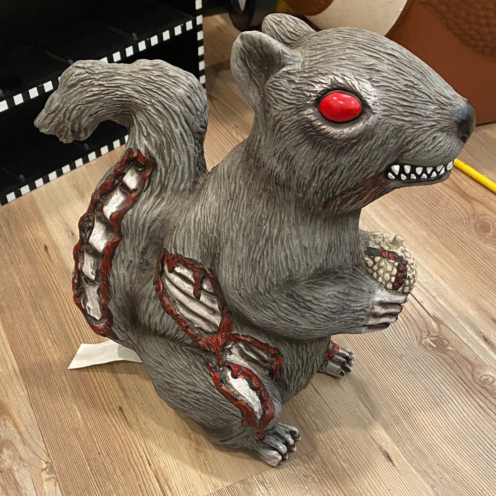 Gray Squirrel Figurine with Red Accents